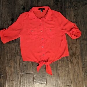 Red button up collared tie shirt